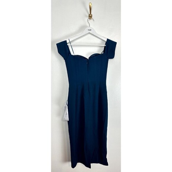 DRESS THE POPULATION Bailey Off the Shoulder Body-Con Dress in Peacock Blue - Picture 8 of 11